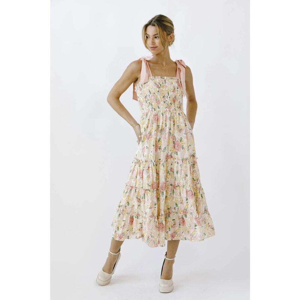 Petal and Pup Pink + Cream Floral Print Shoulder Tie Tiered Midi Dress Large - Picture 9 of 9